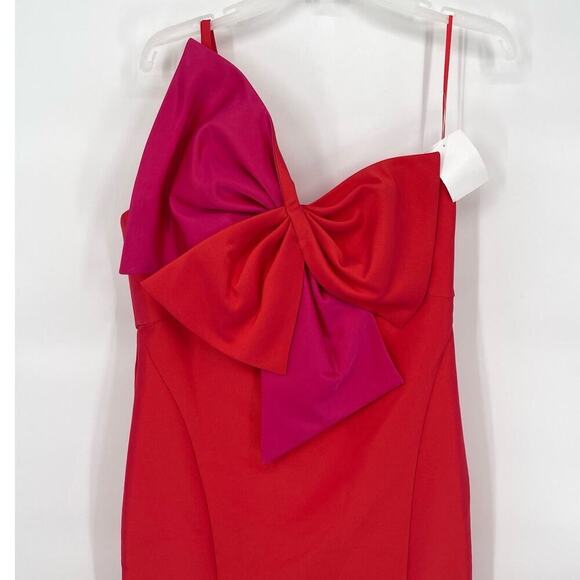 NWT Amsale Coral Fuchsia Duchess Satin Oversize Bow One Shoulder Gown size 10 - Picture 3 of 10